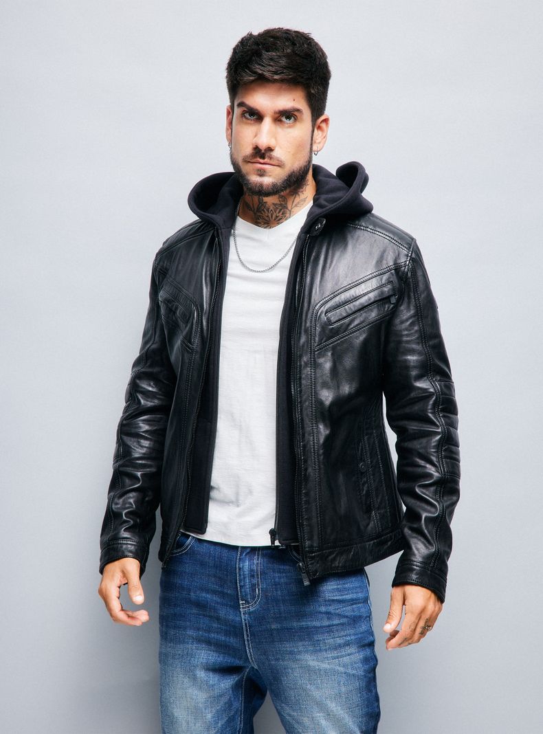Chaqueta Cuero Real Biker Gorro Desmontable-0