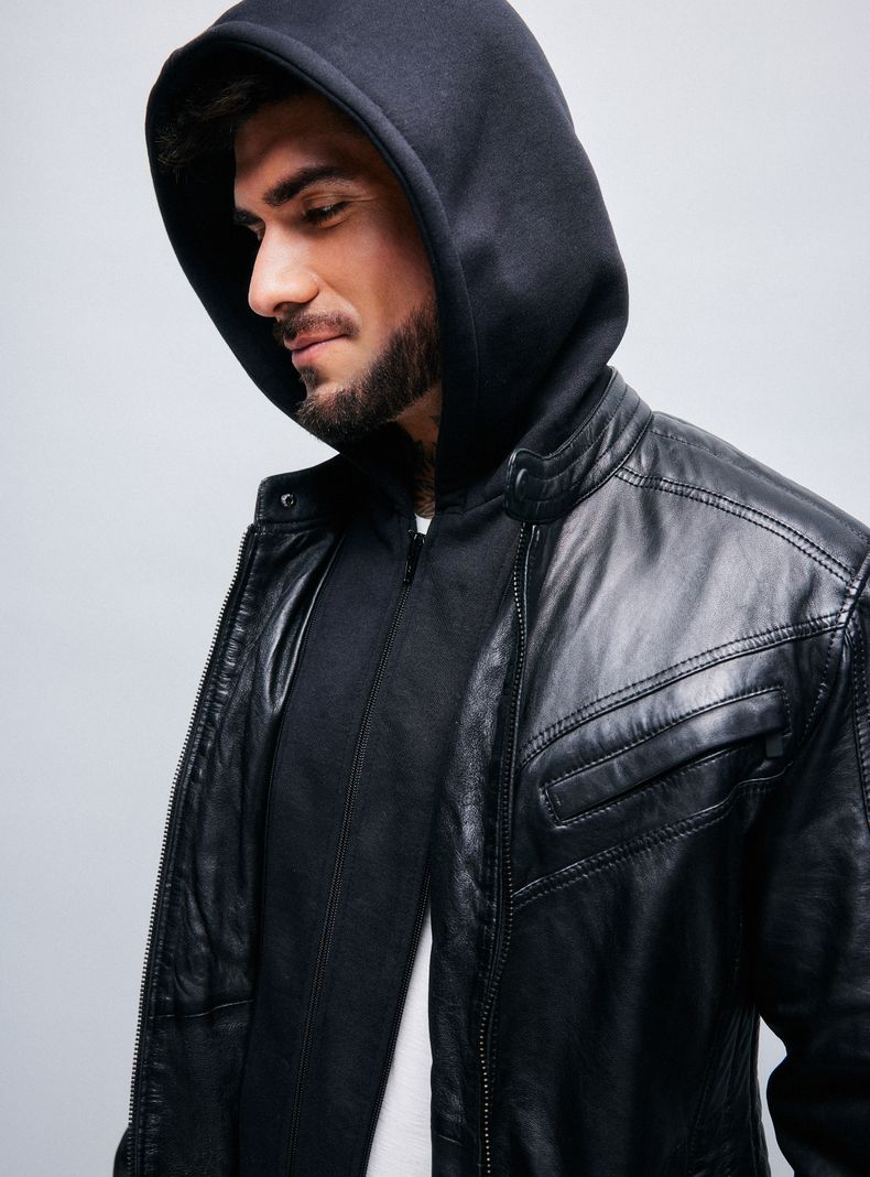 Chaqueta Cuero Real Biker Gorro Desmontable-2