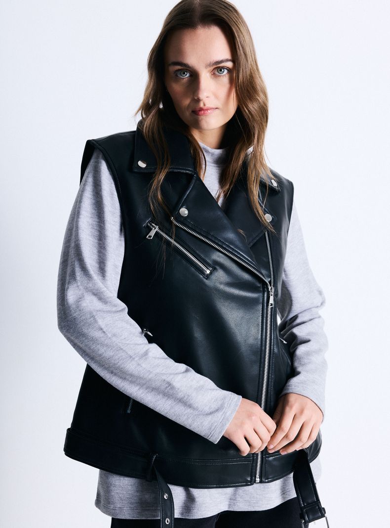 Chaqueta Biker de Cuero Sintético sin Mangas-0