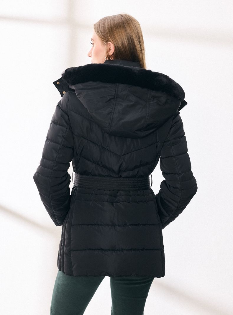 Parka con Capucha Piel Desmontable y Cinturón-1