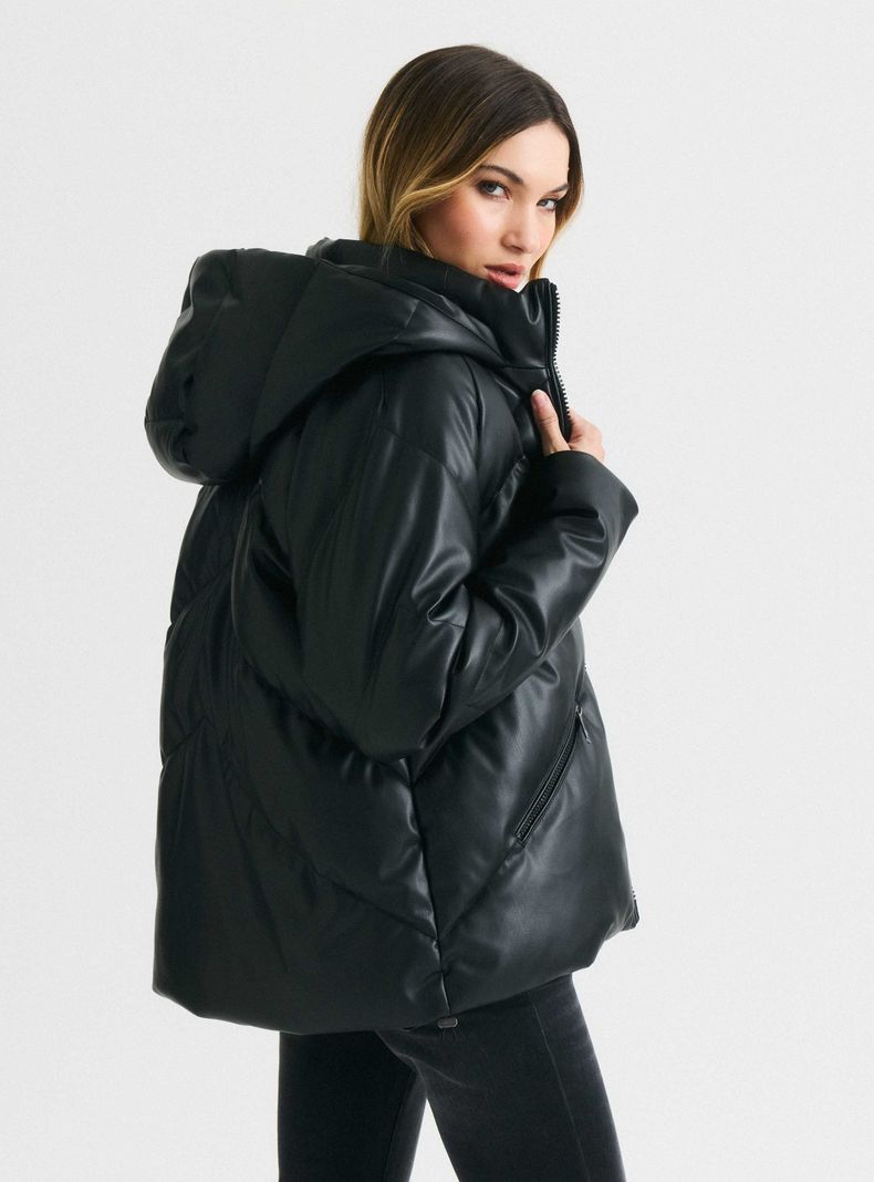 Parka Acolchada Efecto Cuero con Capucha-1