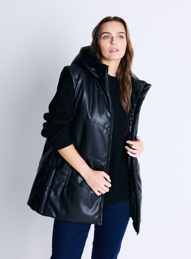 Parka Larga de Cuero Sintético Acolchado-0