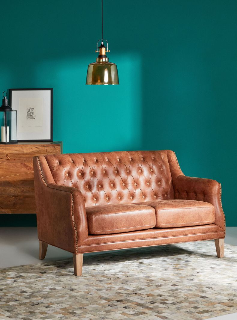 Sofa Renata Capitone Cuero 2 Cuerpos Cafe