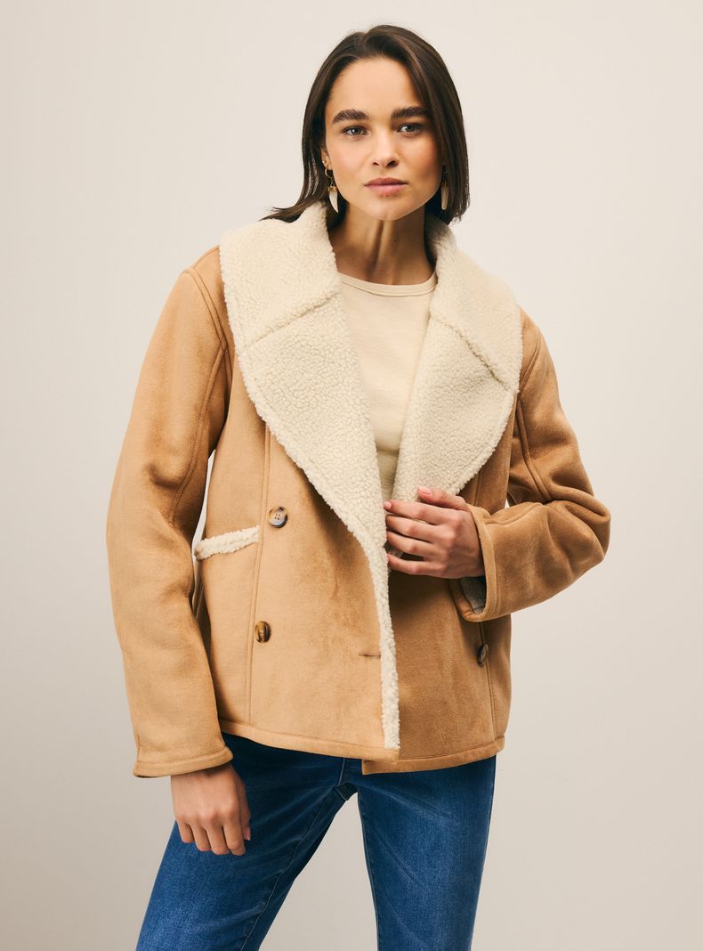 Chaqueta Agamuzada Forrada en Sherpa con Doble Abotonadura-0