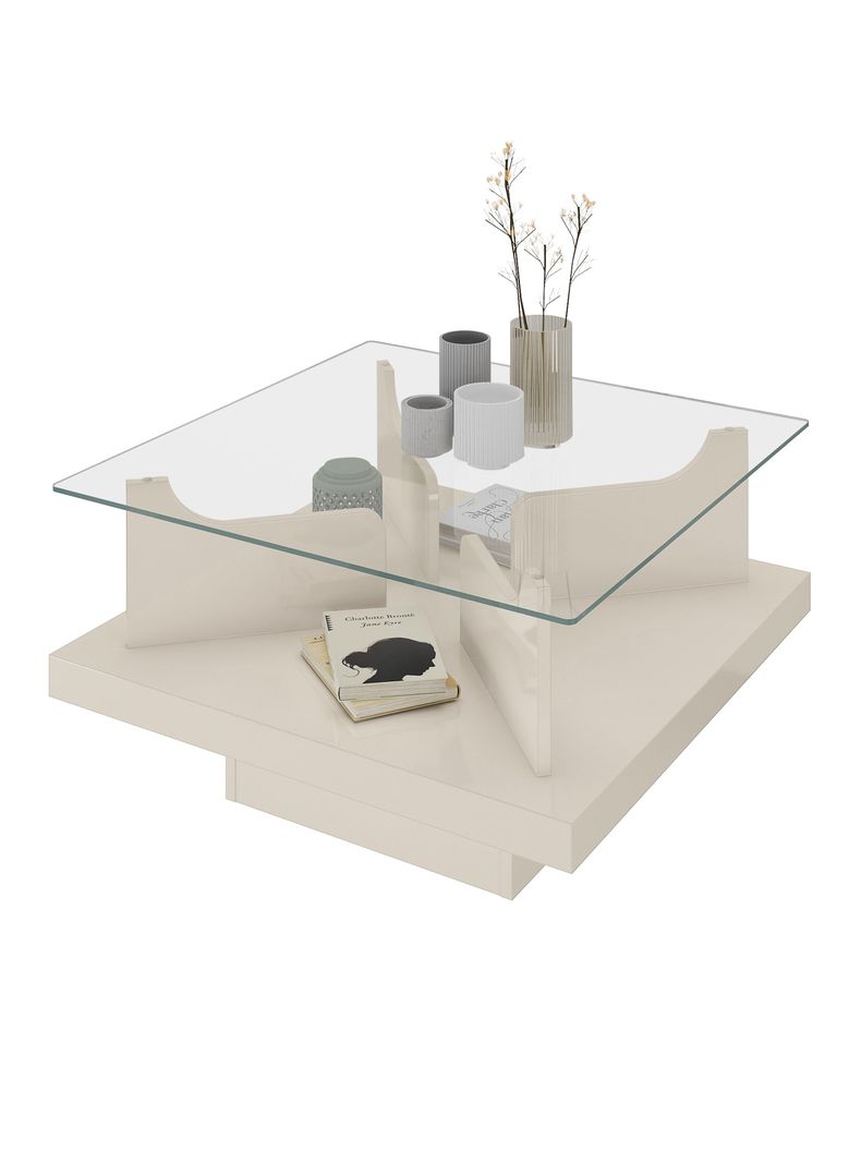 Mesa de Centro Clear Cubierta de Vidrio Base de Tamborato 50 mm Beige