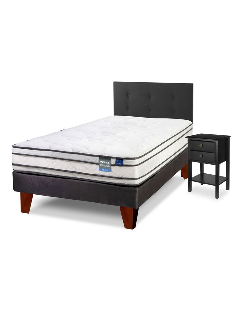 Cama Europea Innova 1.5 Plazas Box + Respaldo Royal Negro + Velador Rover