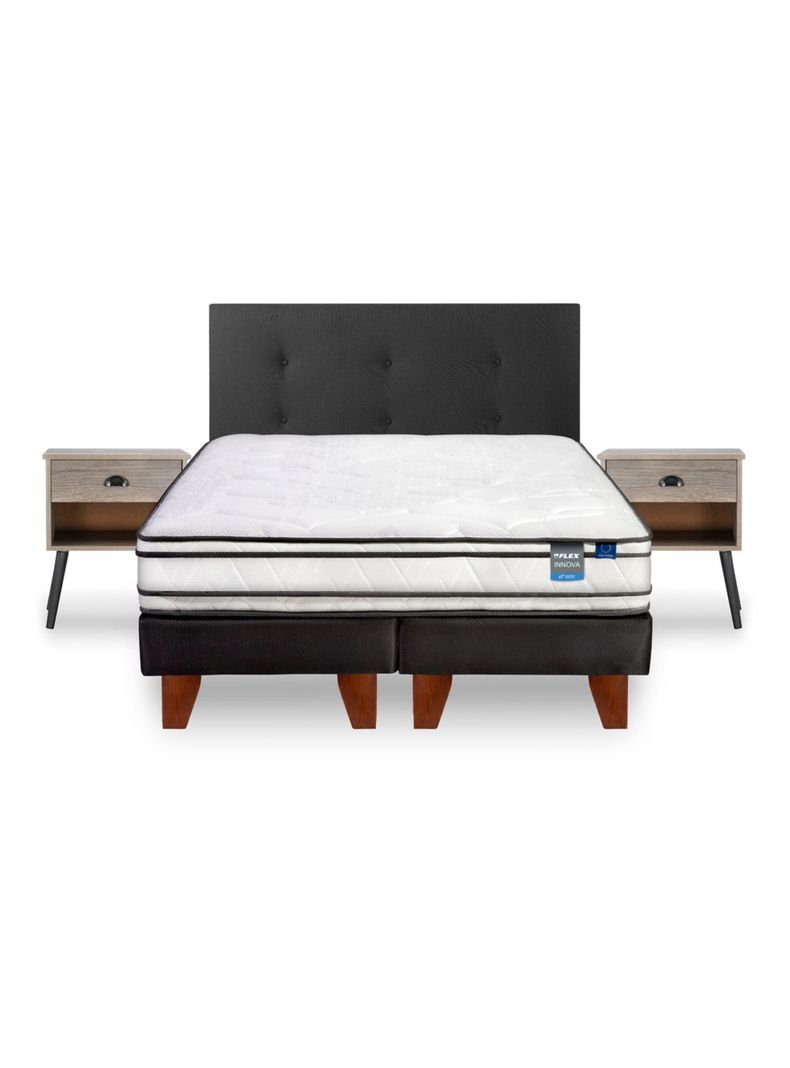 Cama Europea Innova 2 Plazas Box Base Dividida + Respaldo Royal Negro + Veladores Rock-2