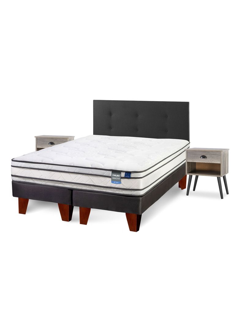 Cama Europea Innova 2 Plazas Box Base Dividida + Respaldo Royal Negro + Veladores Rock-0