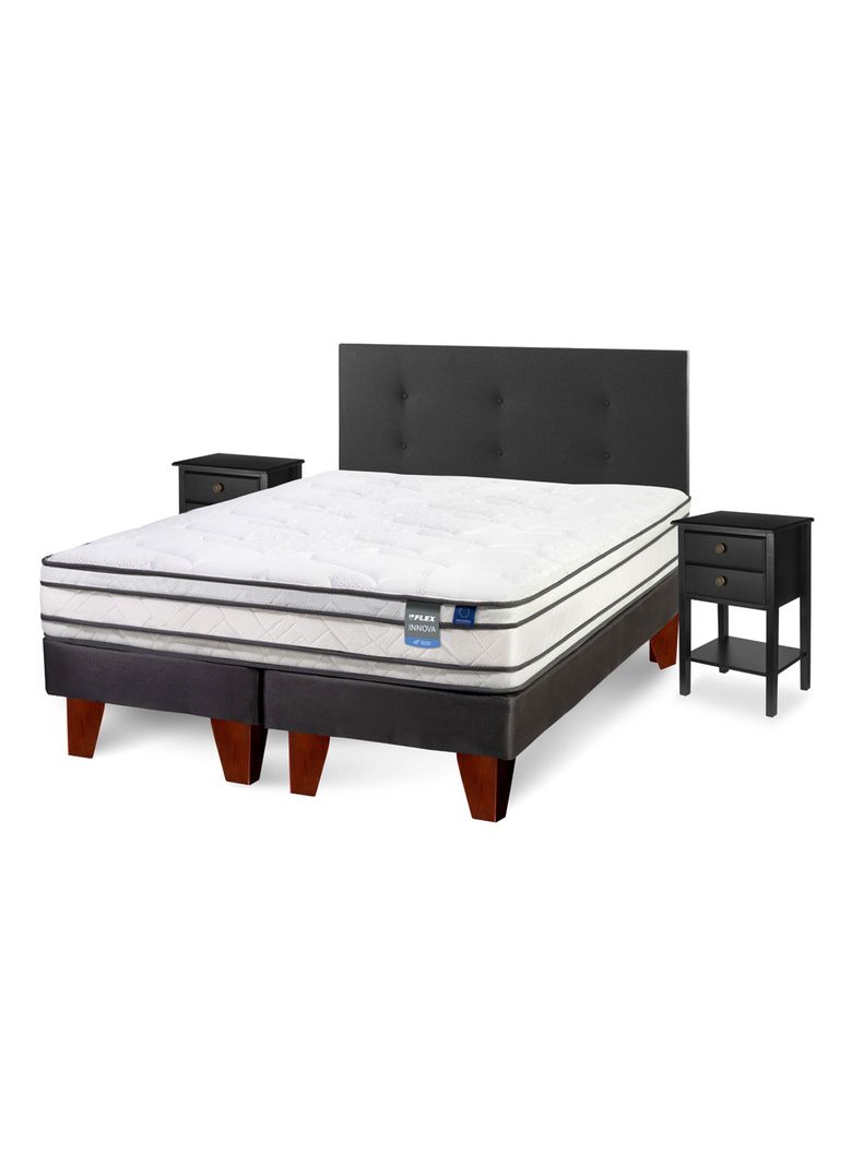 Cama Europea Innova 2 Plazas Box Base Dividida + Respaldo Royal Negro + Veladores Rover