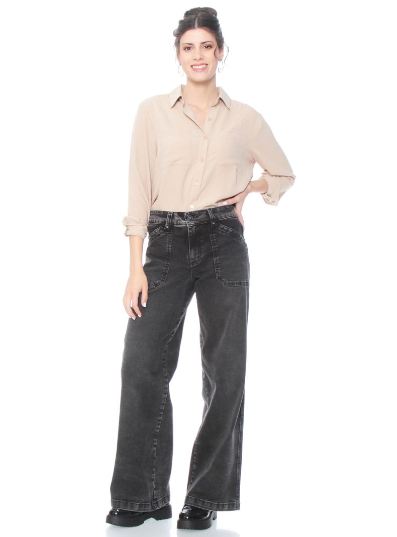 Jeans Recto Cargo Tiro Alto Pretina de 1 Botón-3
