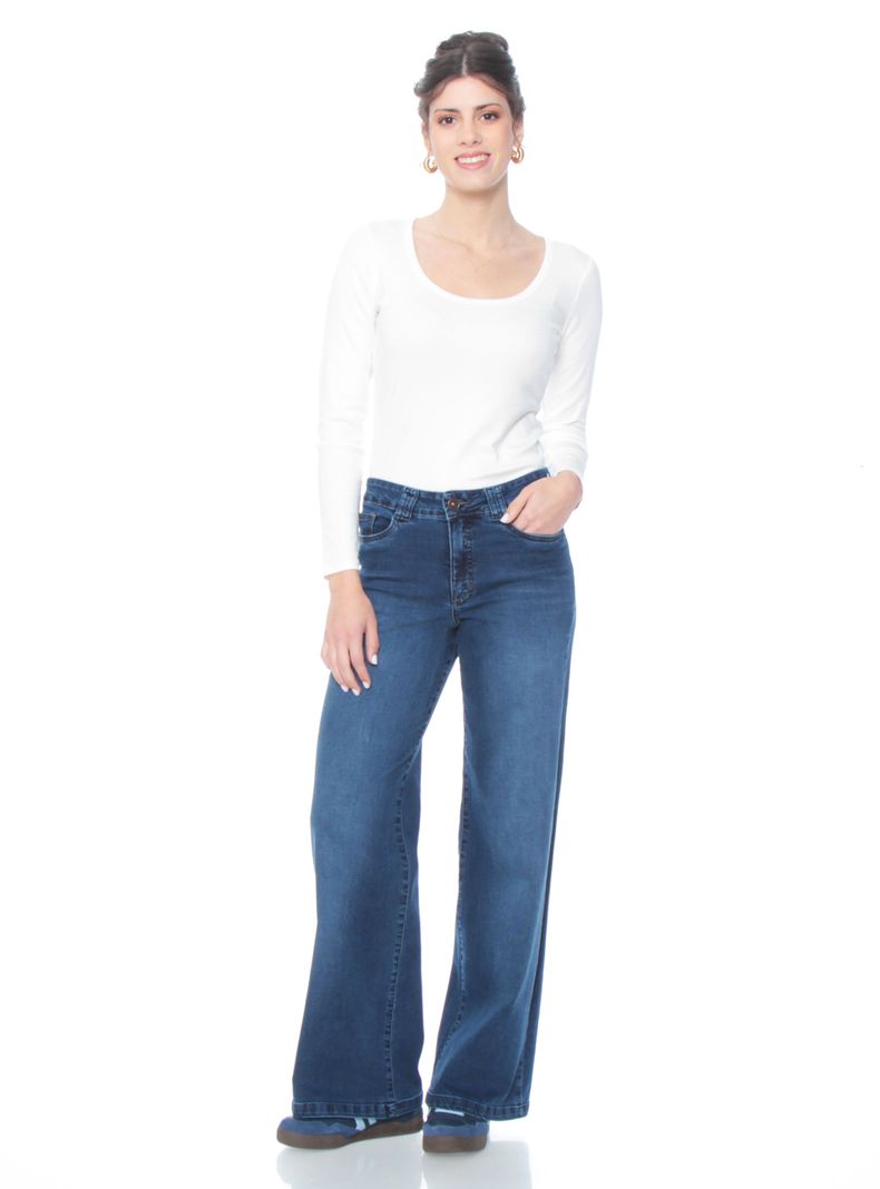 Jeans Wide Leg Tiro Alto con Pretina Básica de Botón-3
