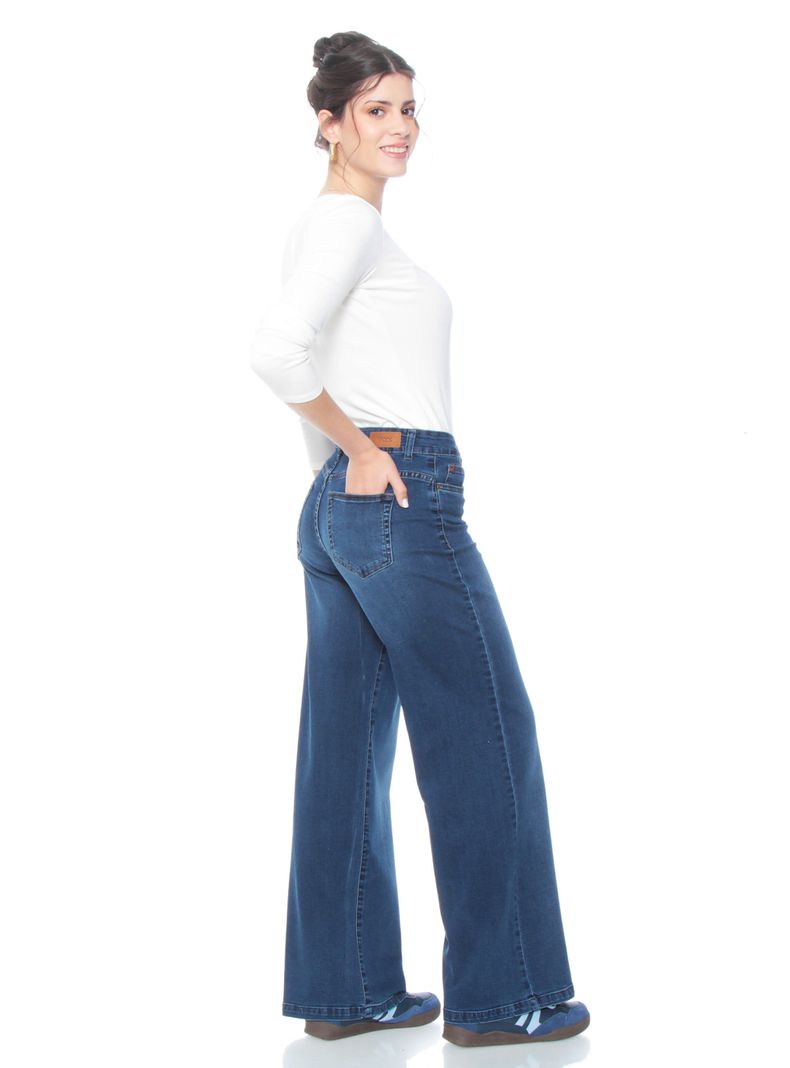 Jeans Wide Leg Tiro Alto con Pretina Básica de Botón-4