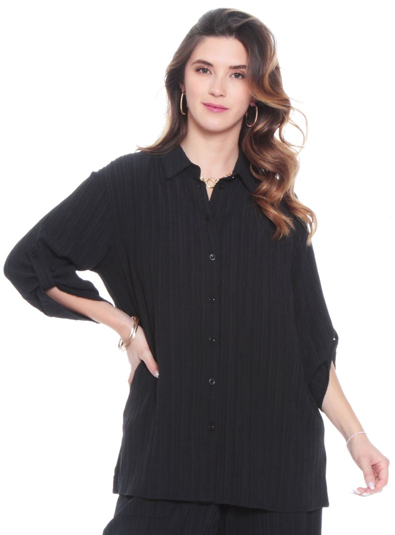Blusa Manga Larga Sólida Abotonada Delantero-0