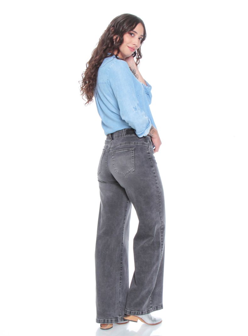 Jeans Wide Leg Tiro Alto Pretina Liso-4