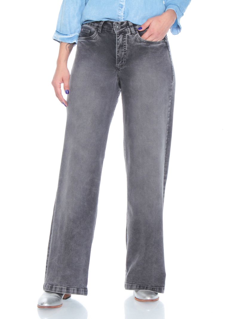 Jeans Wide Leg Tiro Alto Pretina Liso-0