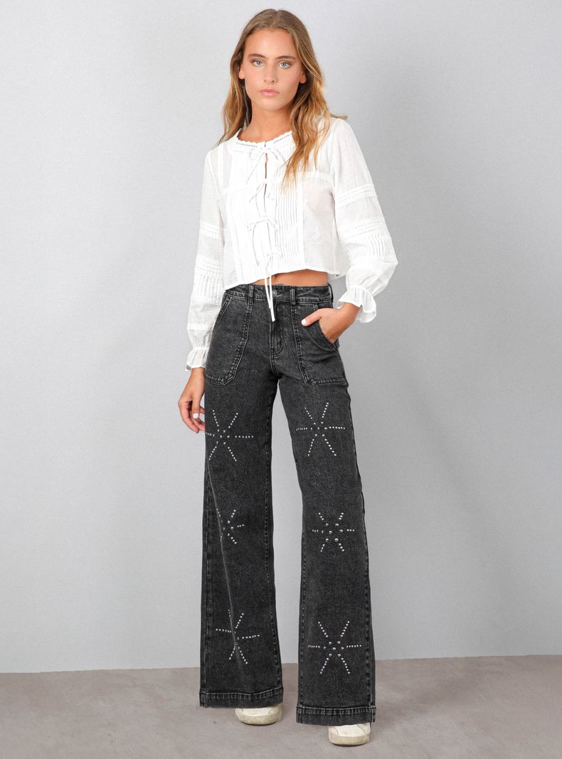 Jeans Pants Flores Tachas-3