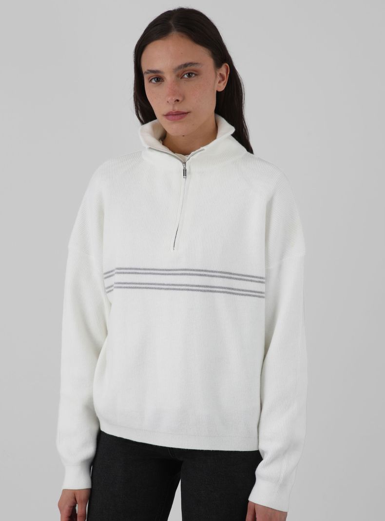 Sweater Cuello Alto Líneas Ecru-0
