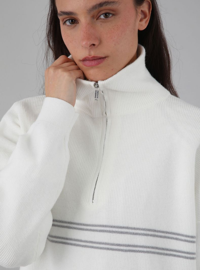 Sweater Cuello Alto Líneas Ecru-3