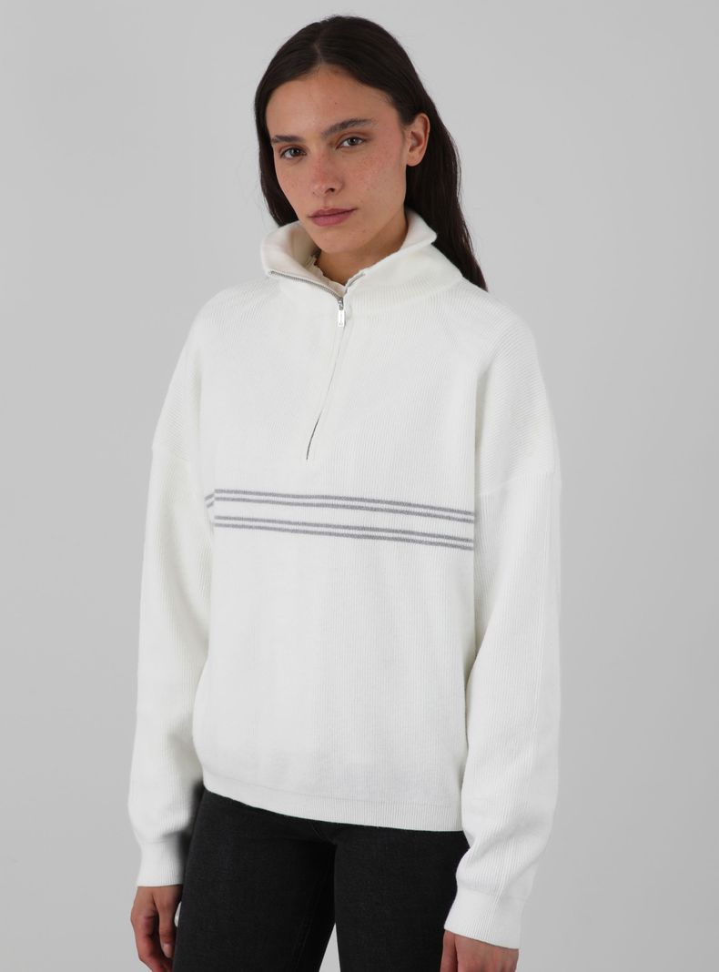 Sweater Cuello Alto Líneas Ecru-2