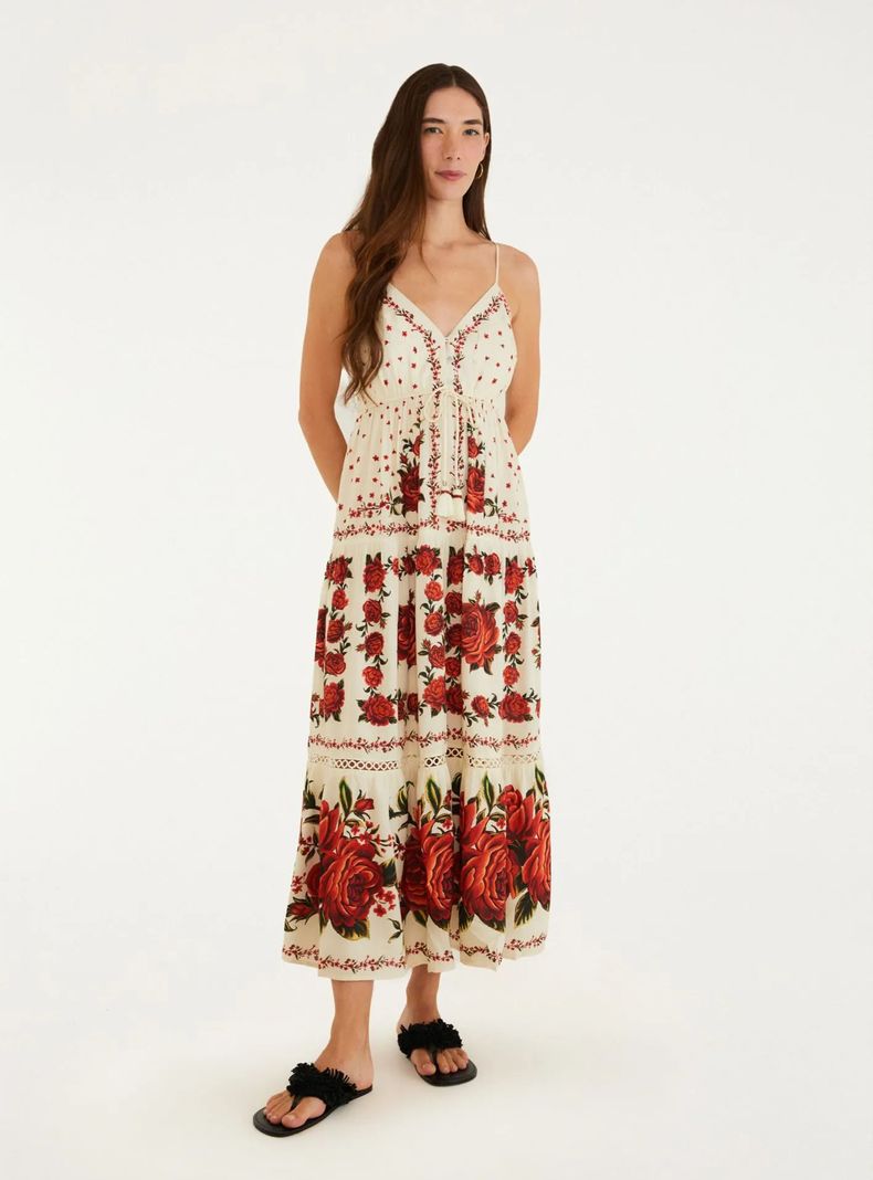 Vestido Midi Estampado Rosas