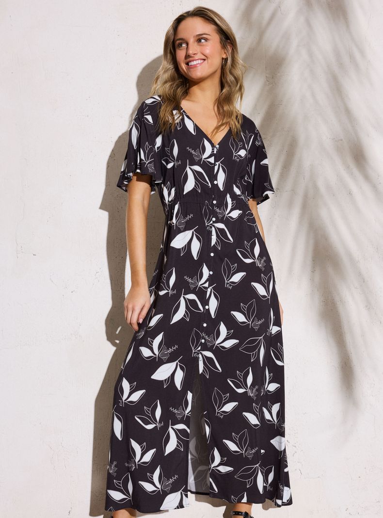 Vestido Manga Corta Estampado Completo con Botonera Frontal