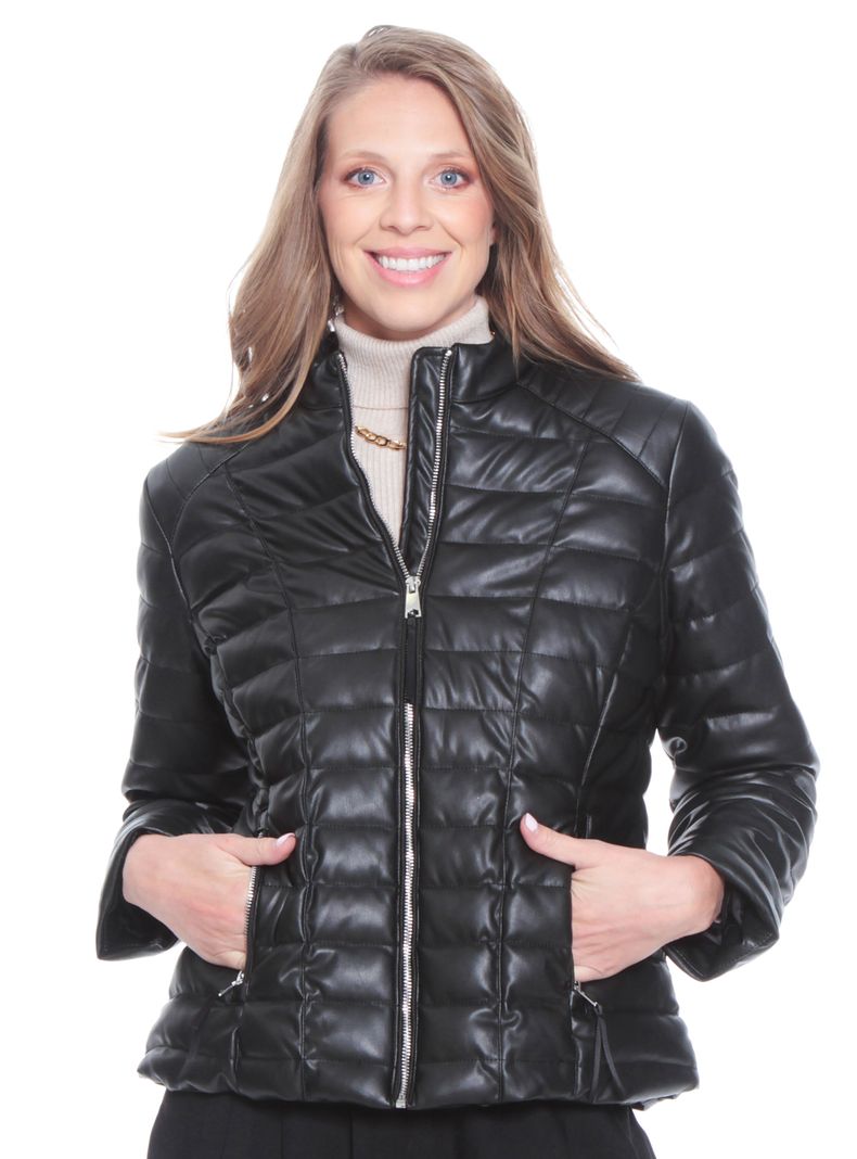 Chaqueta Manga Larga Cuero Ecológico con Cuello Mao-0