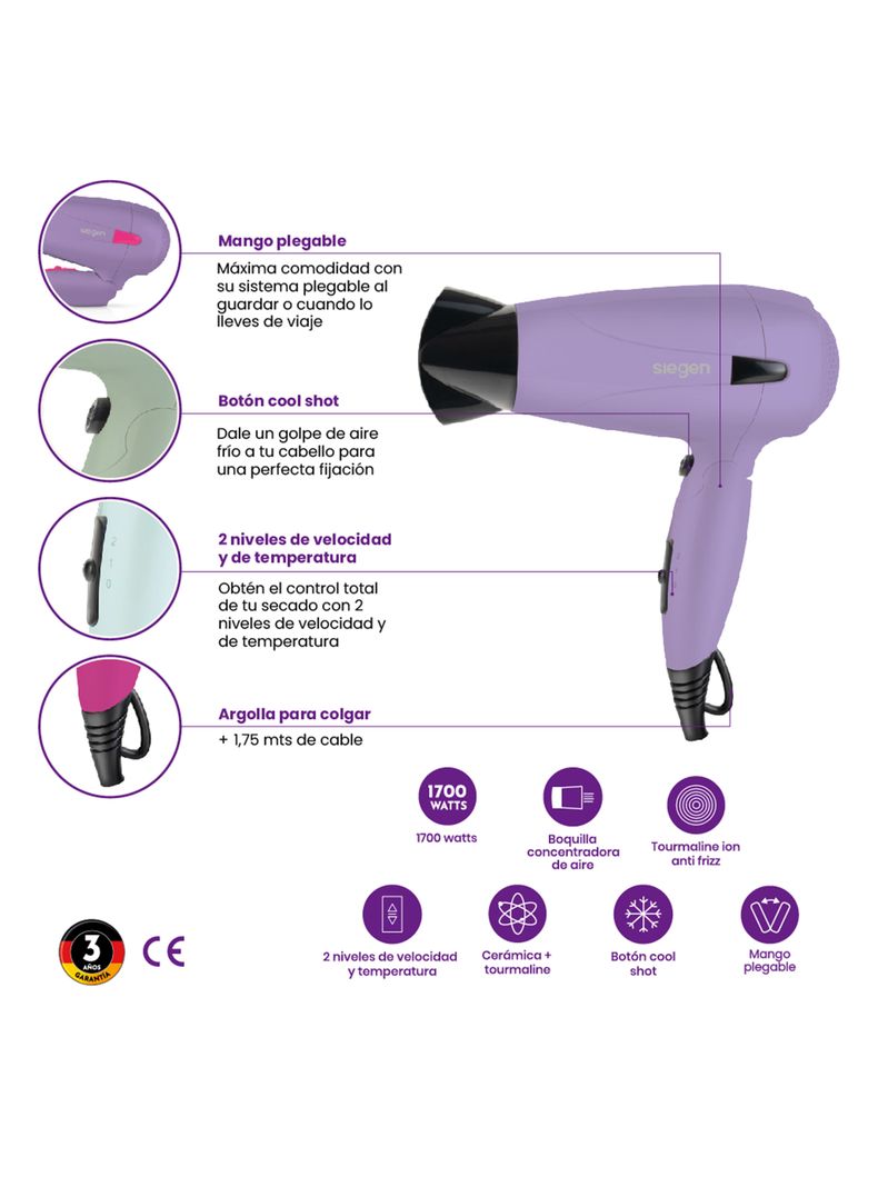 Secador de Pelo Let`s Go Travel 1700W SG-3012C56 Lila-5