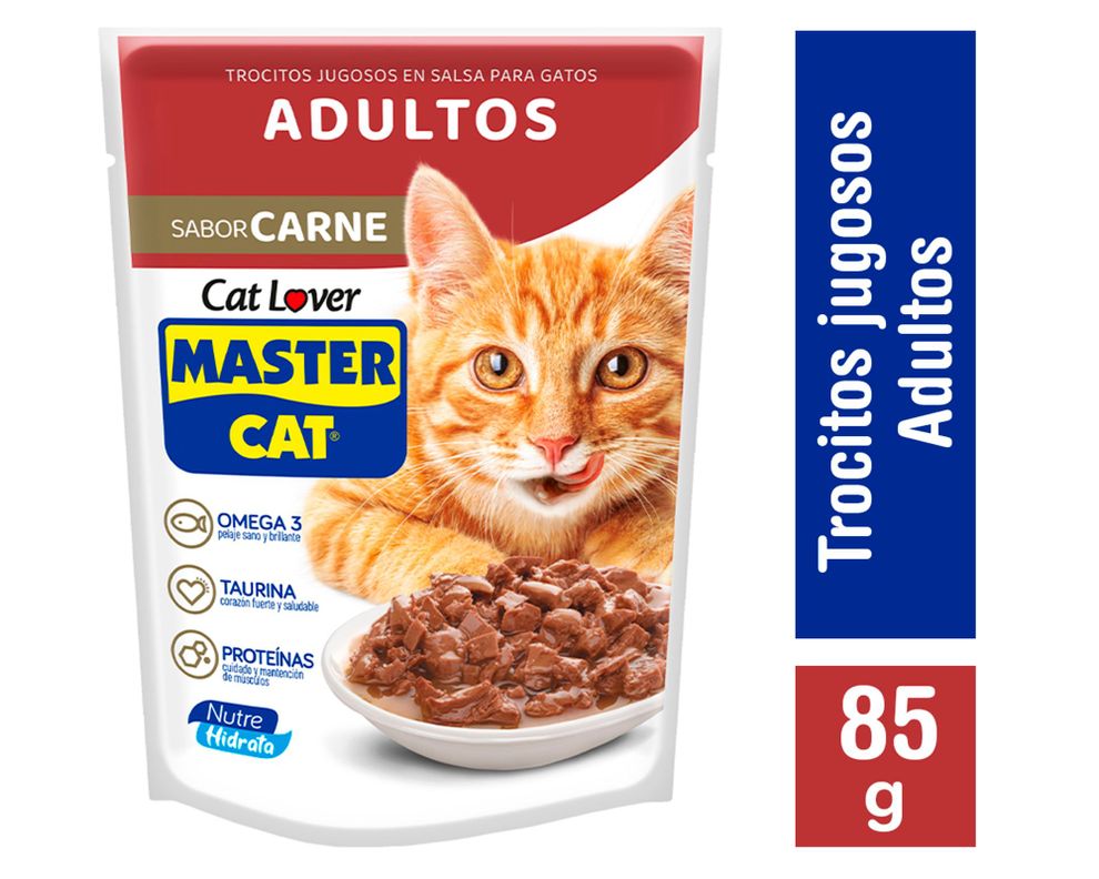 Alimento húmedo gato 85 gr Trocitos jugosos en salsa carne Master Cat-0