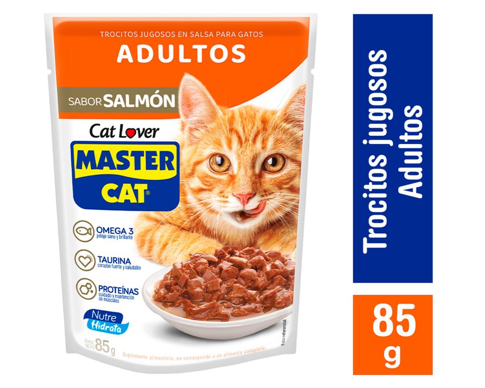 Alimento húmedo gato 85 gr Trocitos jugosos en salsa salmón Master Cat-0
