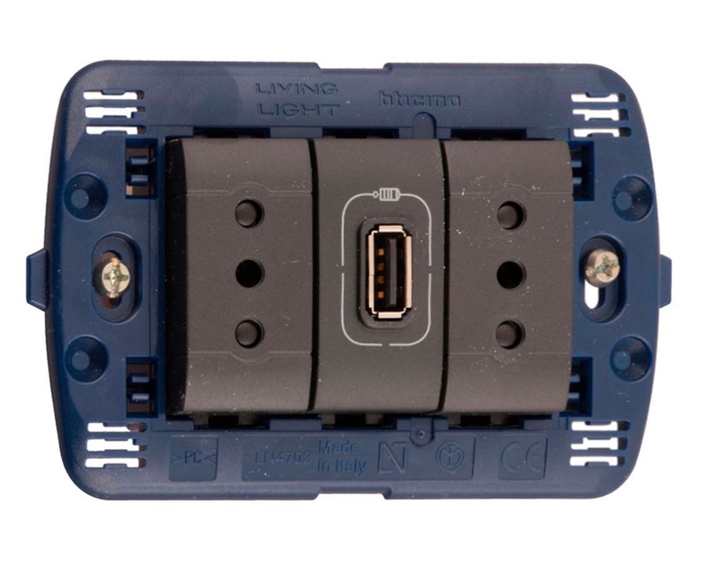 Placa semiarmada toma doble + USB antracita Bticino-0