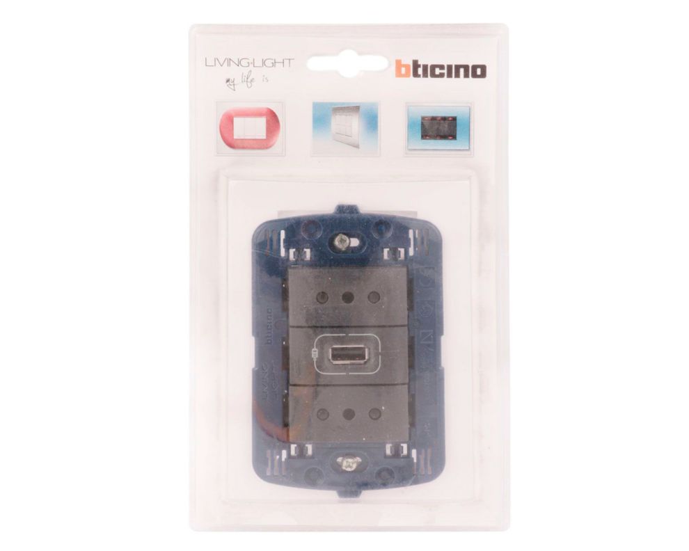 Placa semiarmada toma doble + USB antracita Bticino-2