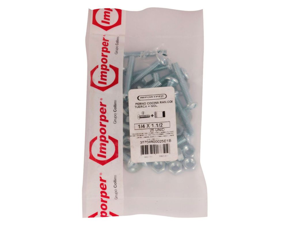 Perno cocina + tuerca + golilla 1/4 x 1 1/2'' zincado 25 unidades Imporper-1