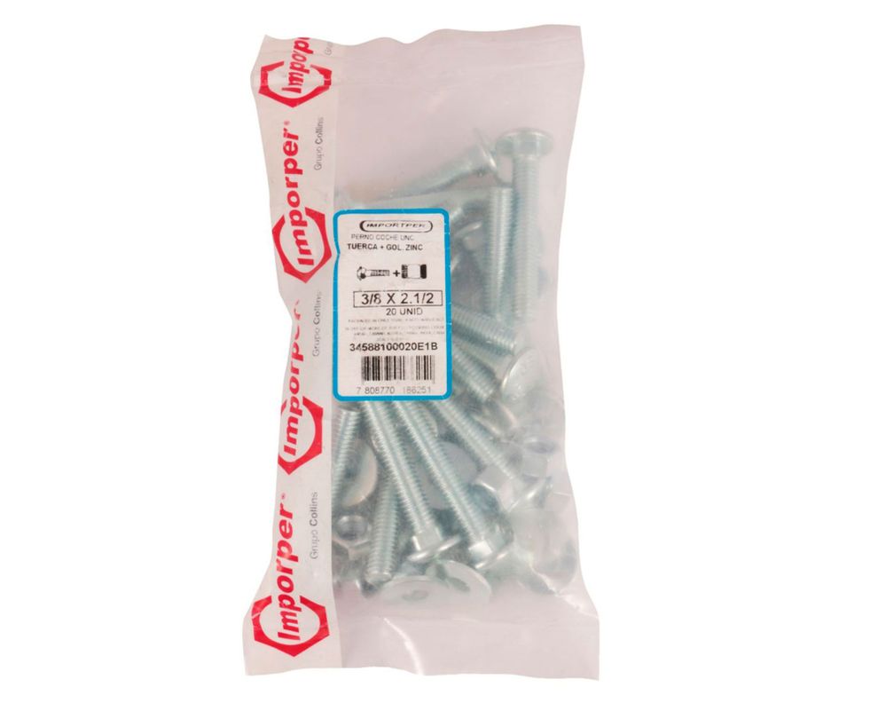 Perno coche + tuerca + golilla 3/8 x 2 1/2'' zincado 20 unidades Imporper-1