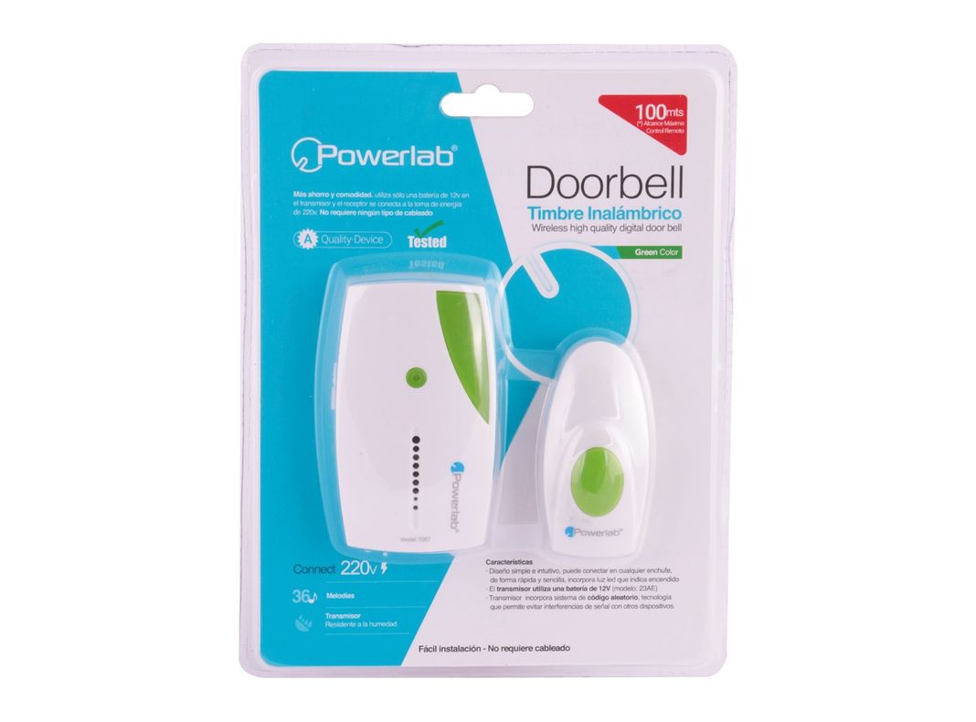 Timbre inalámbrico 36 melodías Doorbell verde/blanco Powerlab-1