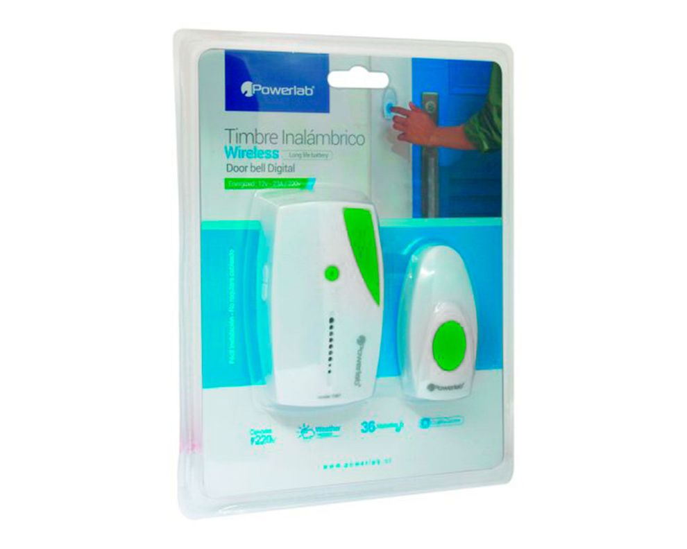 Timbre inalámbrico 36 melodías Doorbell verde/blanco Powerlab-2