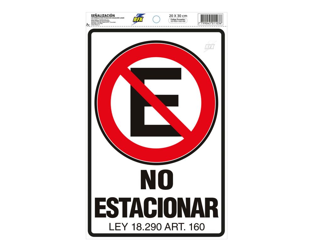 Señalética 30x20 cm no estacionar RFX-0