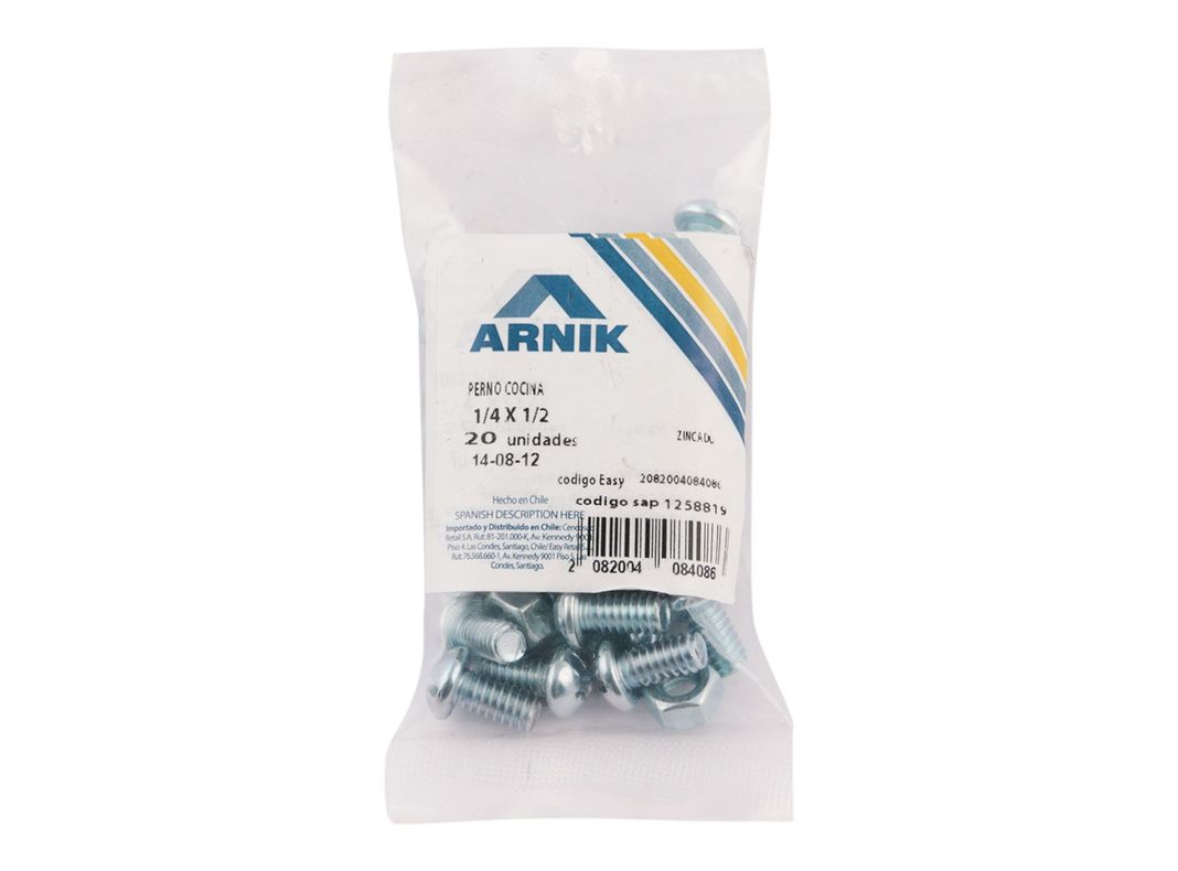 Perno cocina con tuerca 1/4x1/2'' zincado 20 unidades Arnik-1