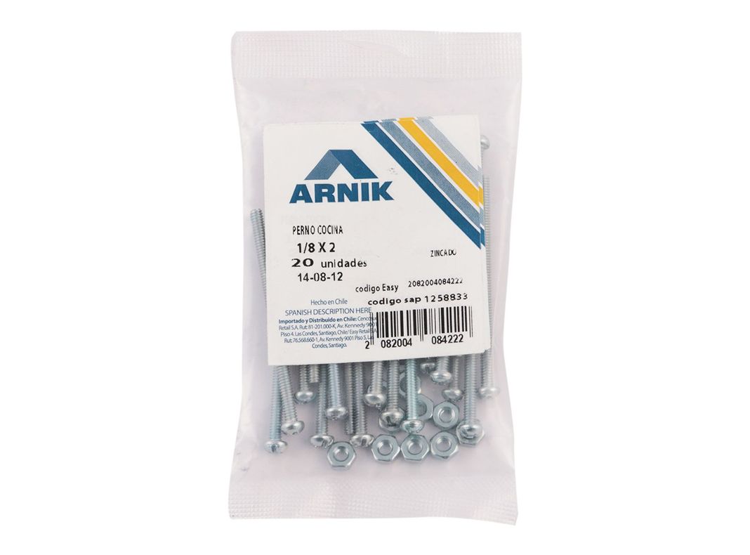 Perno cocina con tuerca 1/8x2'' zincado 20 unidades Arnik-1