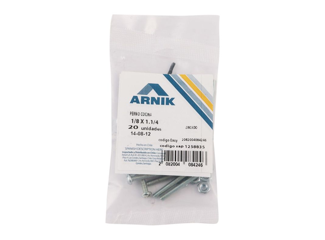 Perno cocina con tuerca 1/8x1 1/4'' zincado 20 unidades Arnik-1