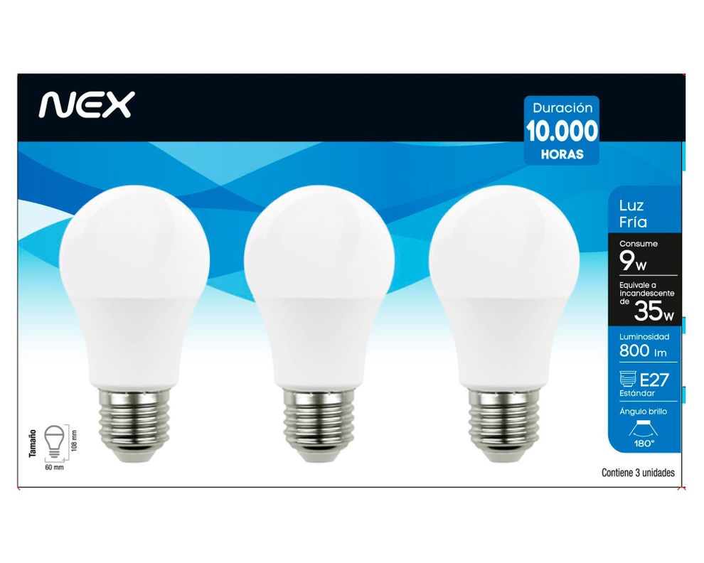 Ampolleta LED 9W E27 luz fría 3 unidades Nex-0