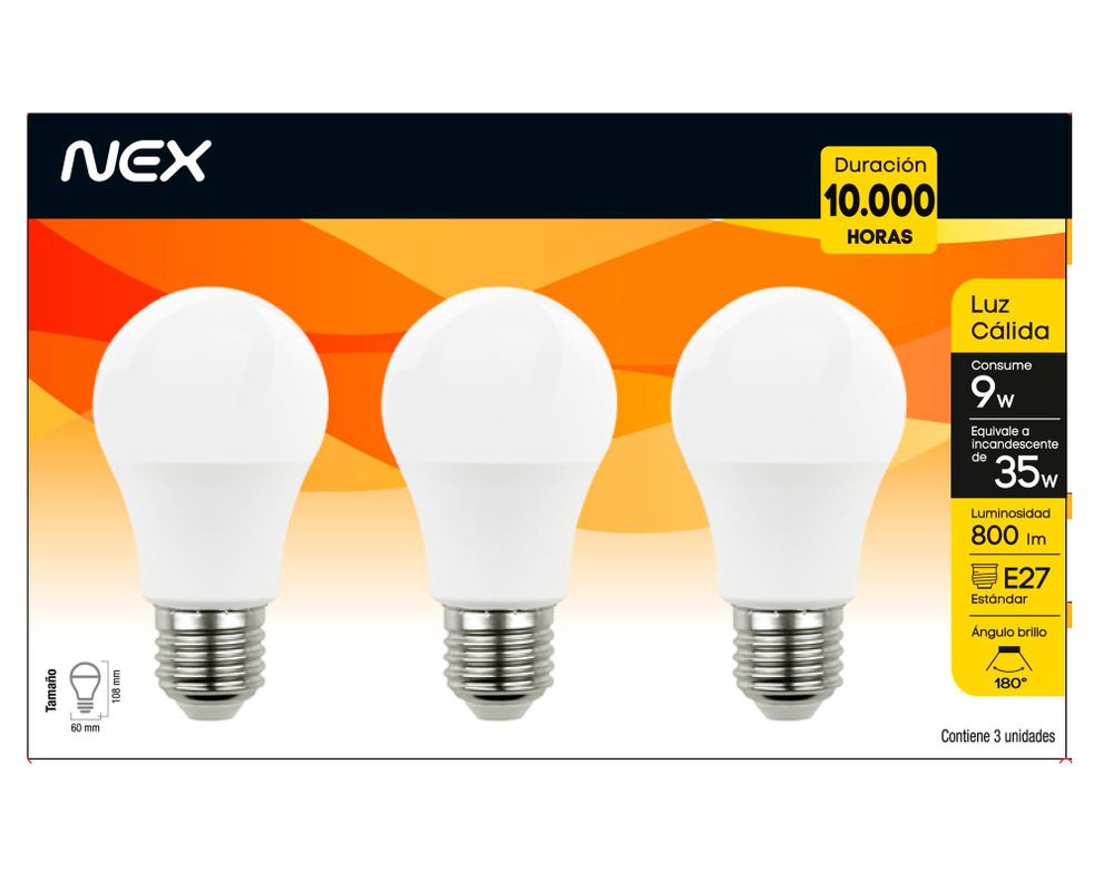 Ampolleta LED 9W E27 luz cálida 3 unidades Nex-0