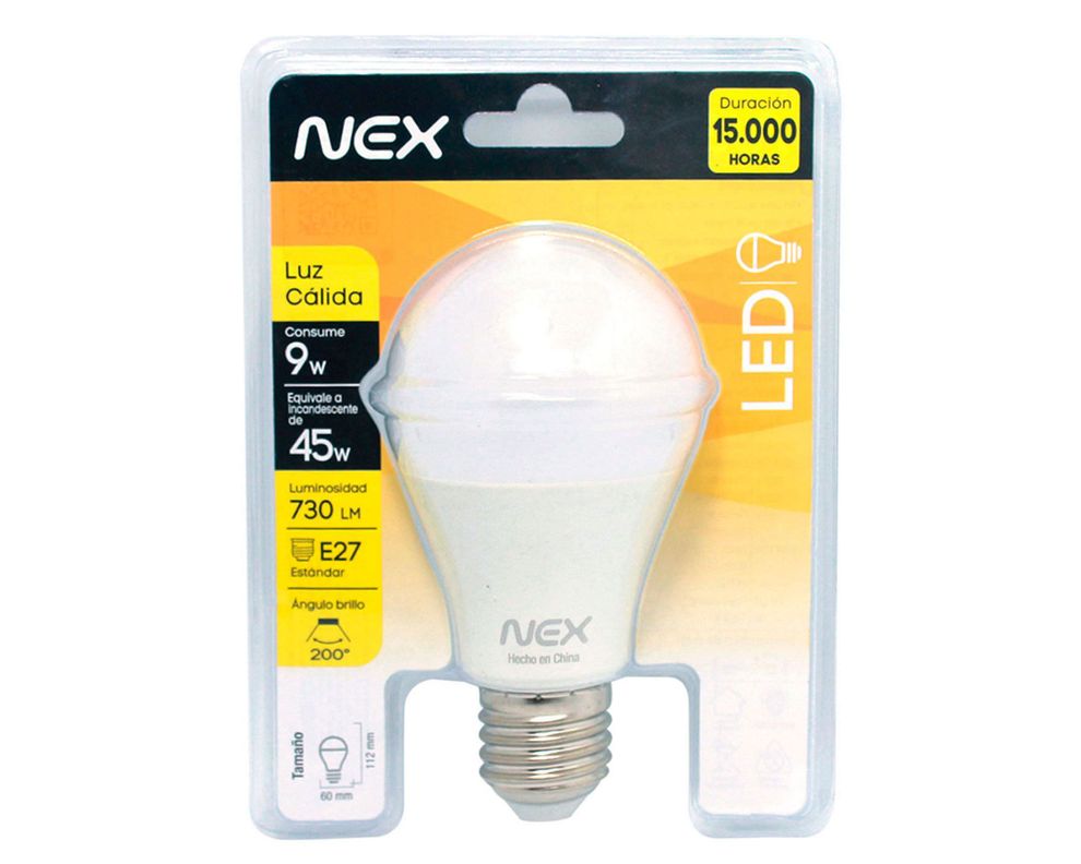 Ampolleta LED 9W E27 luz cálida Nex-0