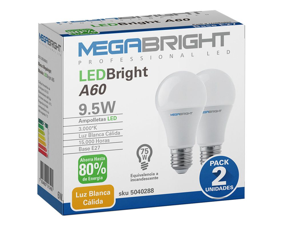 Ampolleta Bright LED 9,5W E27 luz cálida 2 unidades Megabright-4
