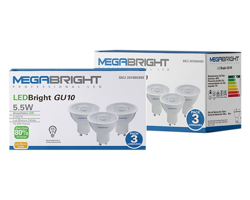 Ampolleta bright LED 5,5W GU10 luz cálida PAR16 3 unidades Megabright-4