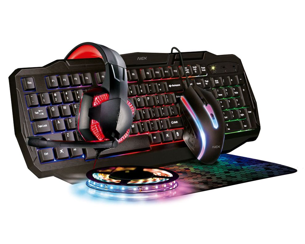 Mouse + teclado + audífono cintillo + cinta LED + almohadilla gamer Nex.-0