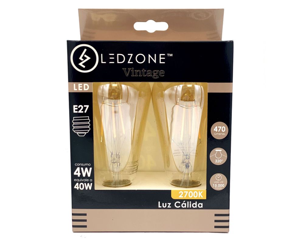 Ampolleta LED 4W E27 luz cálida pera vintage 2 unidades Ledzone.-1