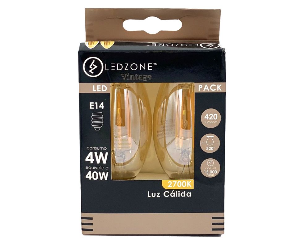 Ampolleta LED 4W E14 luz cálida vela vintage 2 unidades Ledzone.-1