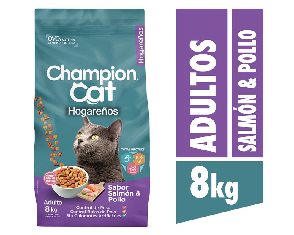 Alimento seco gatos 8 kg Hogareños salmón y pollo Champion Cat.-0