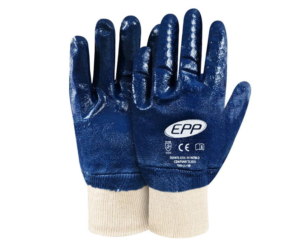 Guante de trabajo Nitrilo con puño tejido azul EPP-0