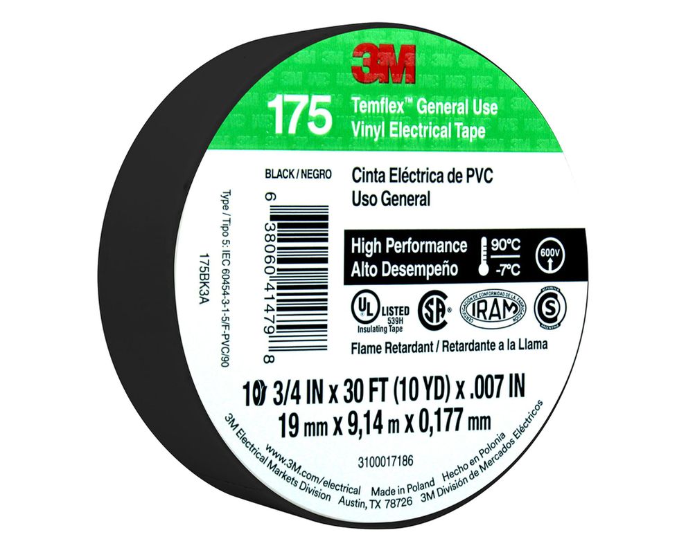 Cinta eléctrica 19 mm 9 m Temflex 175 negro 3M-1